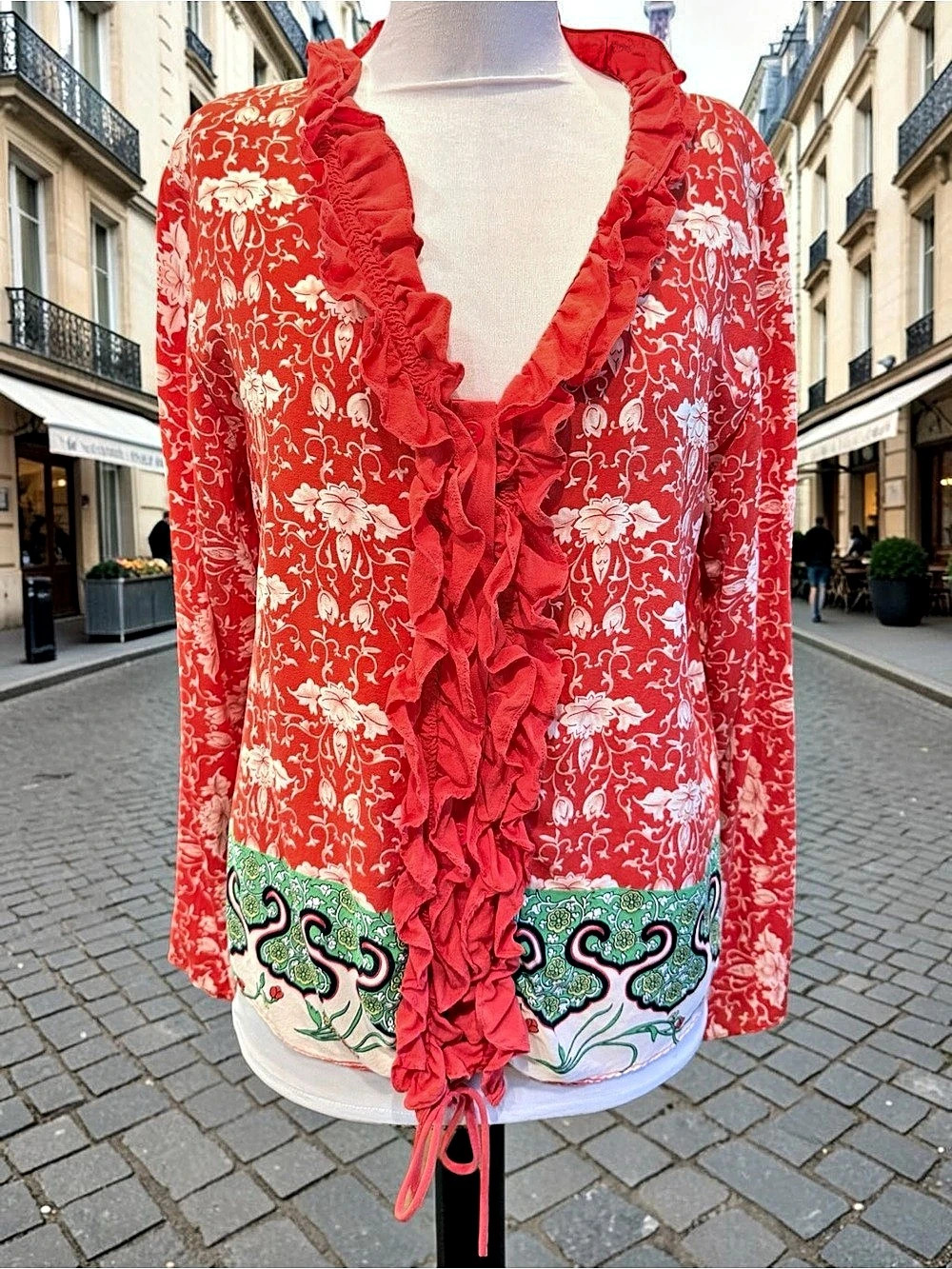 ANNE NAMBA Hawaii Floral Print Long Sleeve Silk Blouse Sz M Ruffles Button Down